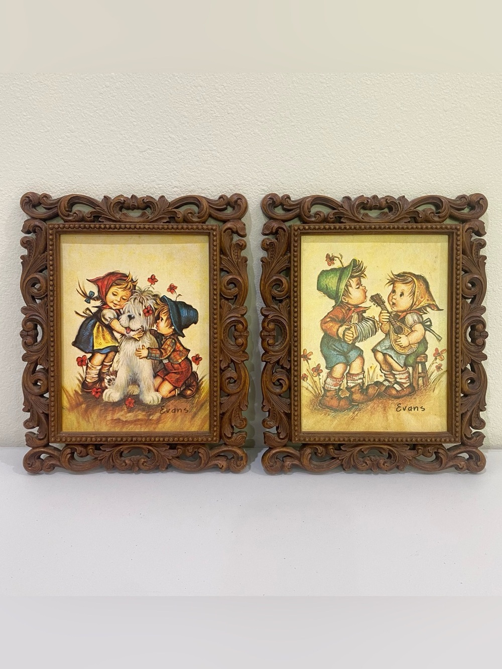 Vintage Hummel Set of 2 Picture Prints Ornate Frame Boy Girl Dog Singing German